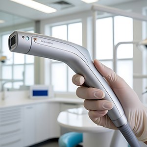 Gloved hand holding dental laser device